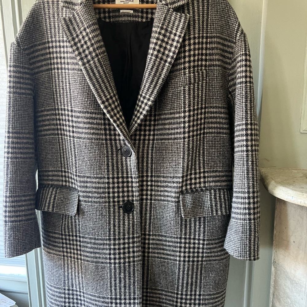 Isabel Marant Plaid Wool Single-Breasted Coat in Black & White